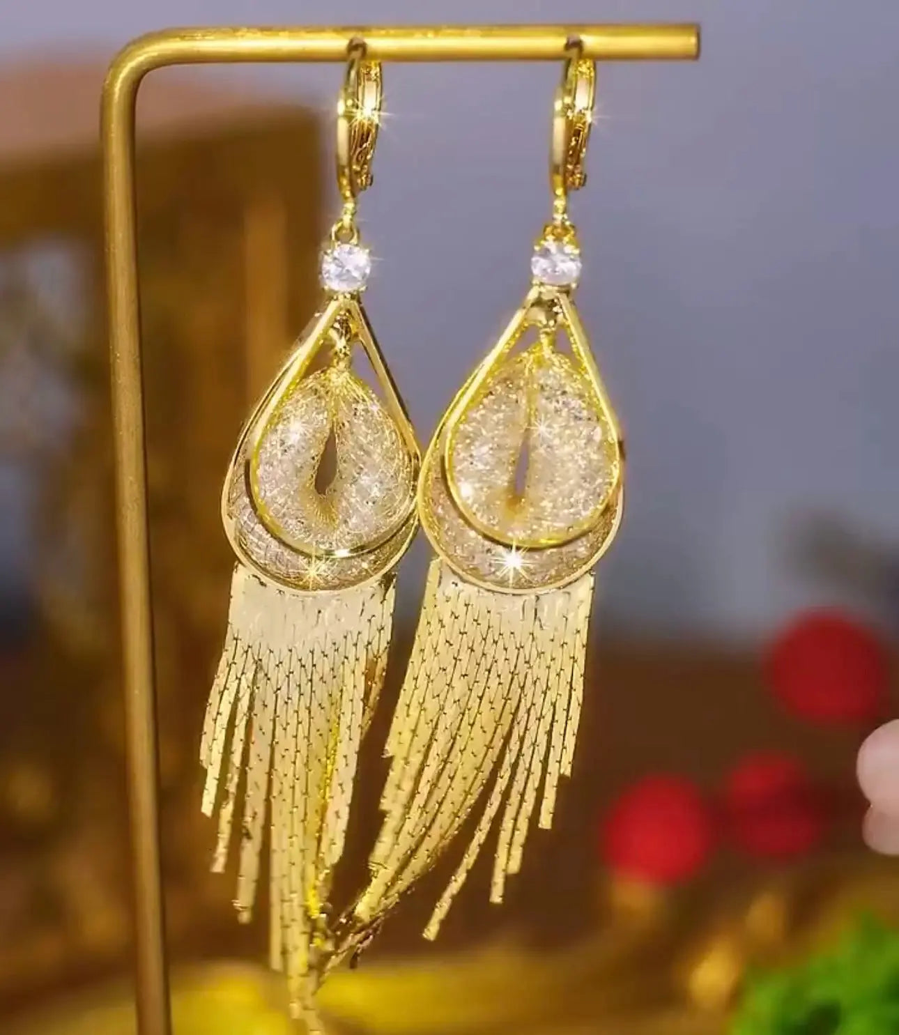 Mesh crystal tassel earrings24k gold plated)