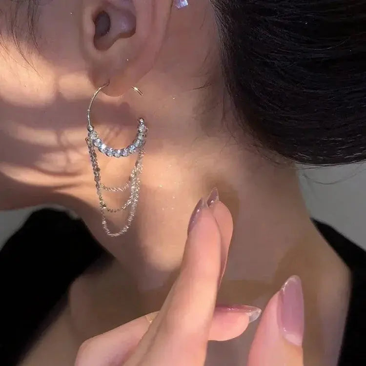 Micro zircon C-shaped long tassel earrings(s925 sterling silver)