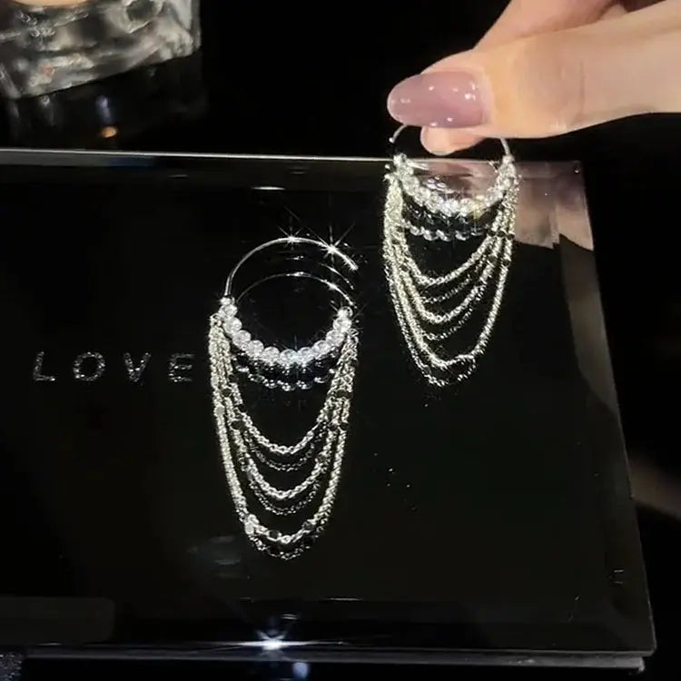 Micro zircon C-shaped long tassel earrings(s925 sterling silver)